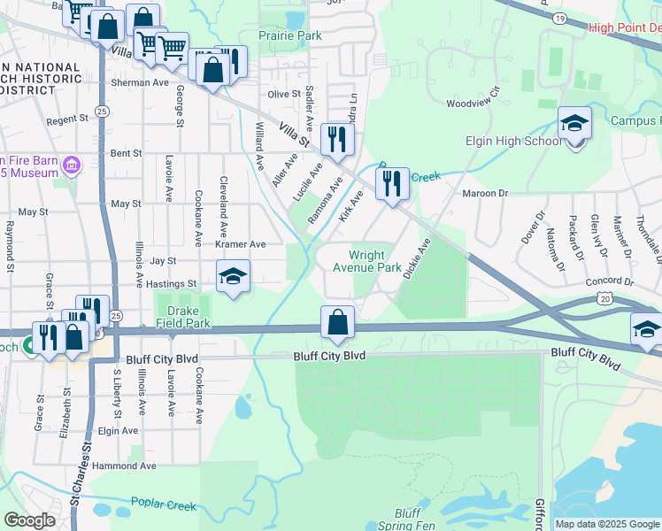 map of restaurants, bars, coffee shops, grocery stores, and more near 912 Getty St in Elgin