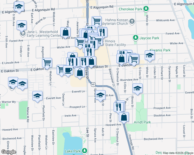 map of restaurants, bars, coffee shops, grocery stores, and more near 1673 Spruce Avenue in Des Plaines