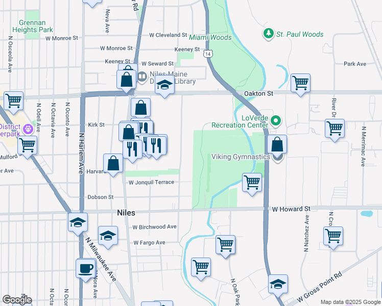 map of restaurants, bars, coffee shops, grocery stores, and more near 7753 North Nordica Avenue in Niles