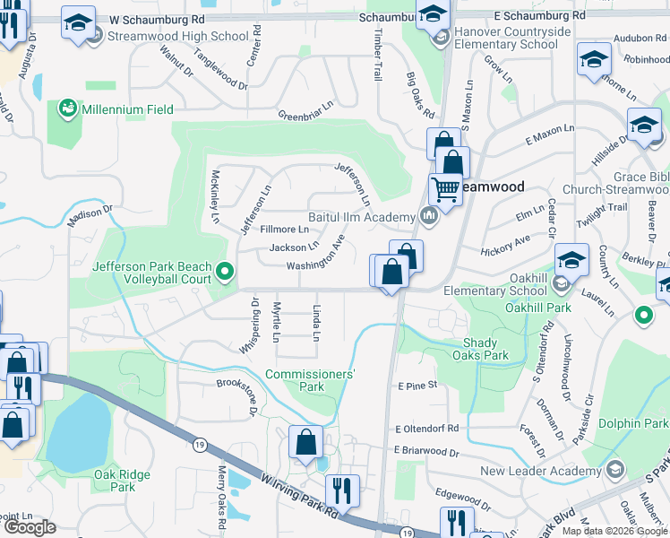 map of restaurants, bars, coffee shops, grocery stores, and more near 23 Washington Court in Streamwood