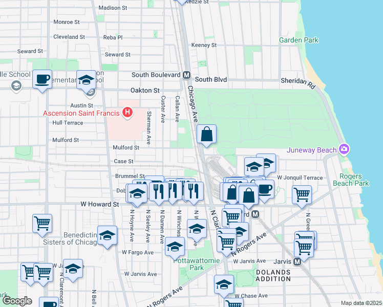 map of restaurants, bars, coffee shops, grocery stores, and more near 602 Mulford Street in Evanston