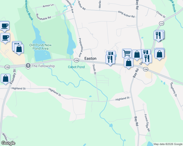 map of restaurants, bars, coffee shops, grocery stores, and more near 59 South Street in Easton