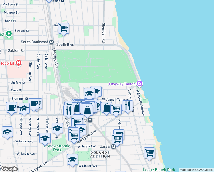 map of restaurants, bars, coffee shops, grocery stores, and more near 1548 West Juneway Terrace in Chicago