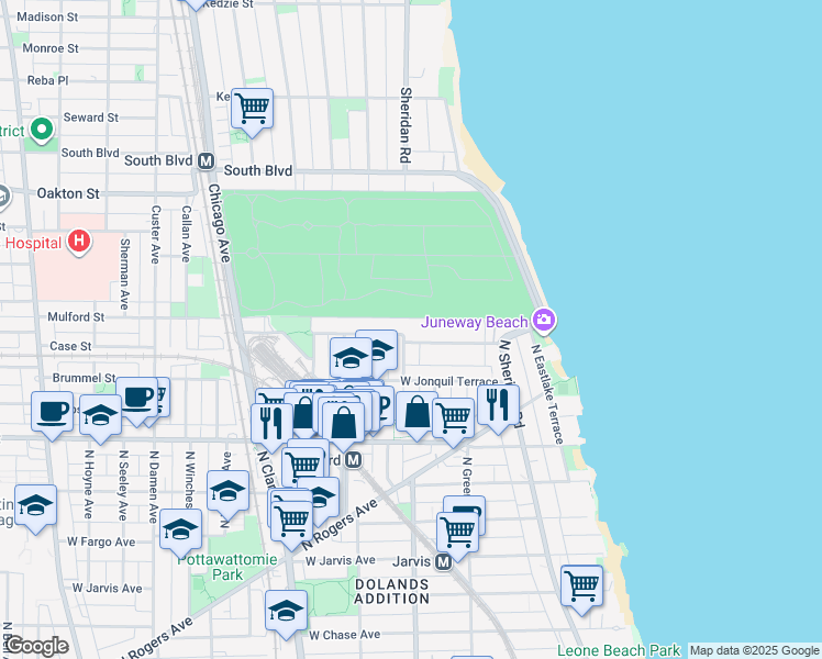 map of restaurants, bars, coffee shops, grocery stores, and more near 7726 North Ashland Avenue in Chicago