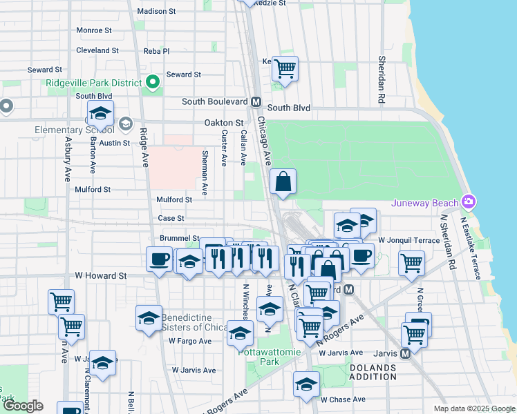map of restaurants, bars, coffee shops, grocery stores, and more near 602 Mulford Street in Evanston