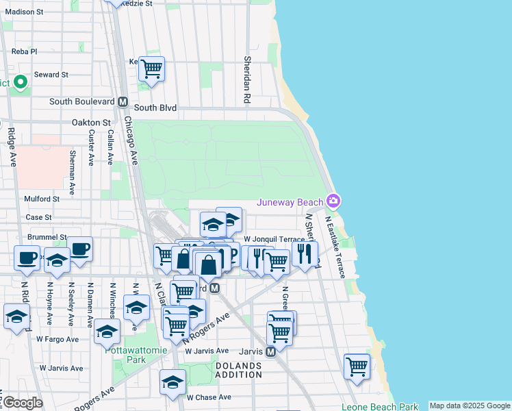 map of restaurants, bars, coffee shops, grocery stores, and more near 7726 North Ashland Avenue in Chicago