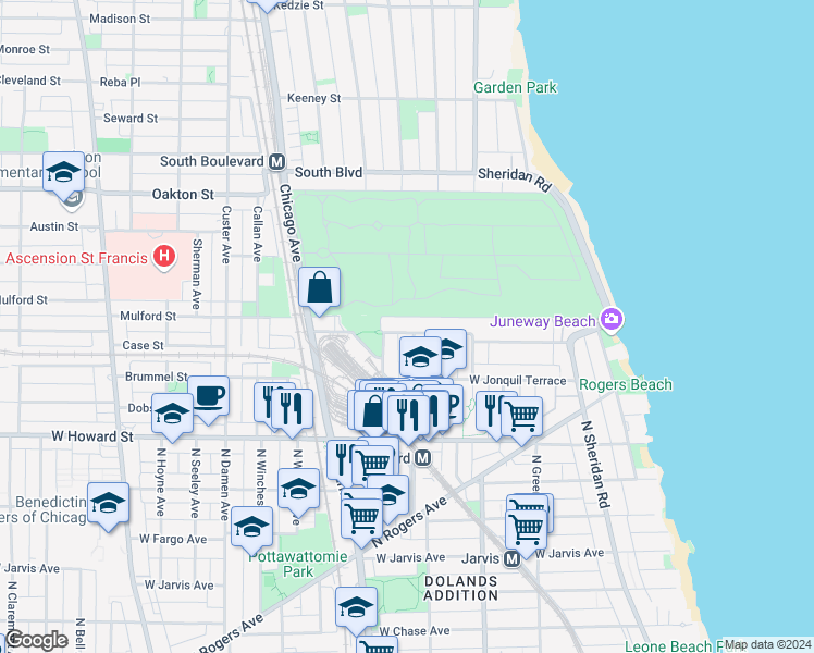 map of restaurants, bars, coffee shops, grocery stores, and more near 1709 West Juneway Terrace in Chicago