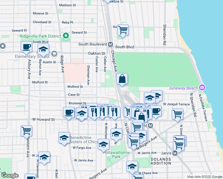 map of restaurants, bars, coffee shops, grocery stores, and more near 602 Mulford Street in Evanston