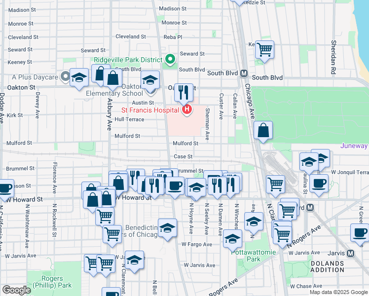 map of restaurants, bars, coffee shops, grocery stores, and more near 825 Case Street in Evanston