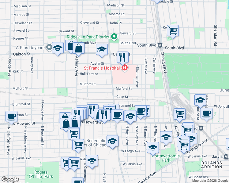 map of restaurants, bars, coffee shops, grocery stores, and more near 960 Harvard Terrace in Evanston