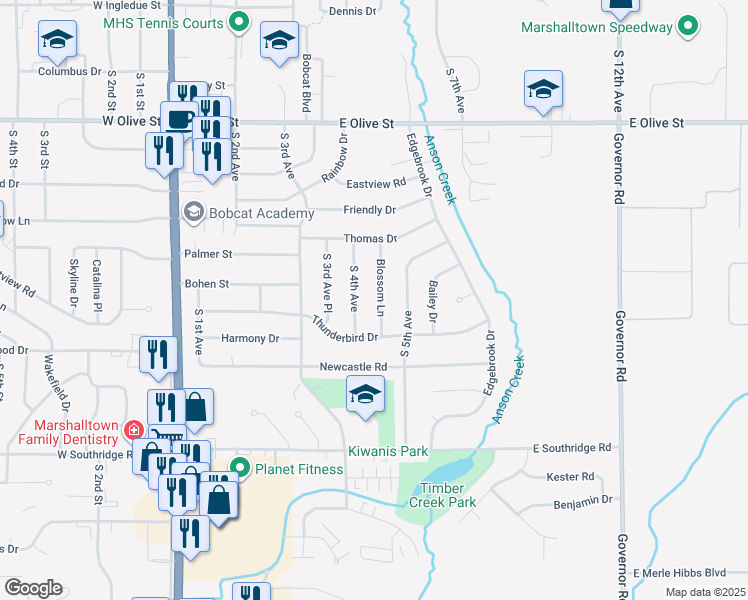 map of restaurants, bars, coffee shops, grocery stores, and more near 1901-2051 Blossom Ln in Marshalltown