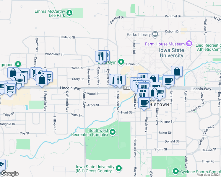 map of restaurants, bars, coffee shops, grocery stores, and more near 112 South Hyland Avenue in Ames