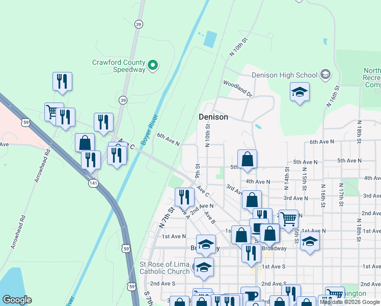 map of restaurants, bars, coffee shops, grocery stores, and more near 543-599 9th Street in Denison