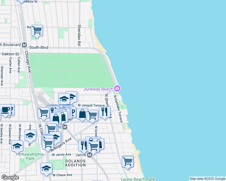 map of restaurants, bars, coffee shops, grocery stores, and more near North Sheridan Road & North Eastlake Terrace in Chicago