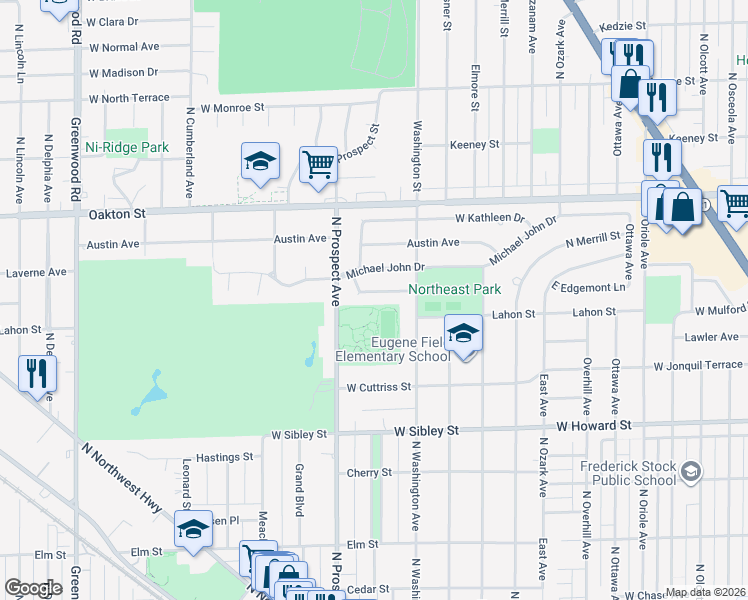 map of restaurants, bars, coffee shops, grocery stores, and more near 371 Edgemont Lane in Park Ridge