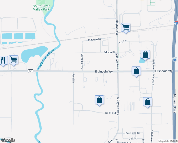 map of restaurants, bars, coffee shops, grocery stores, and more near County Road E41 in Ames