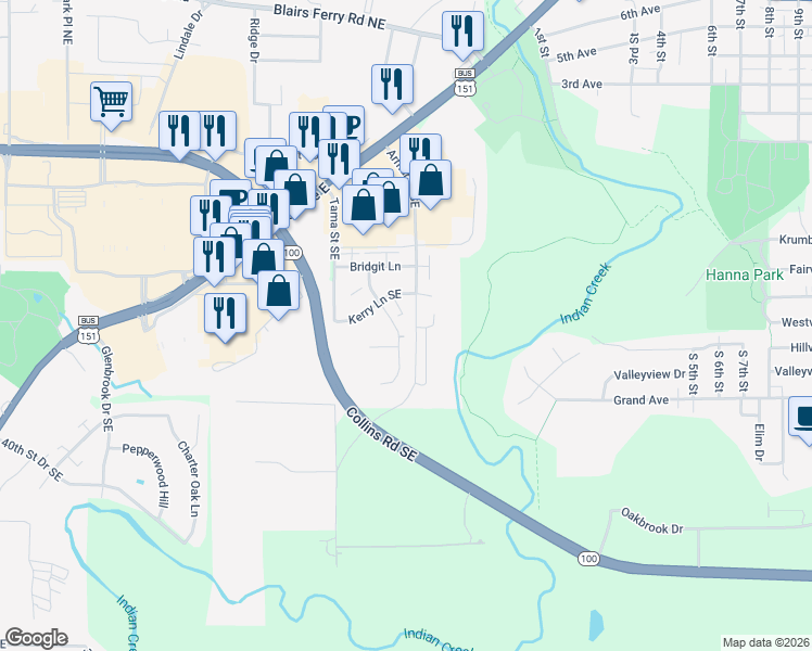 map of restaurants, bars, coffee shops, grocery stores, and more near 4505 Armar Drive Southeast in Cedar Rapids