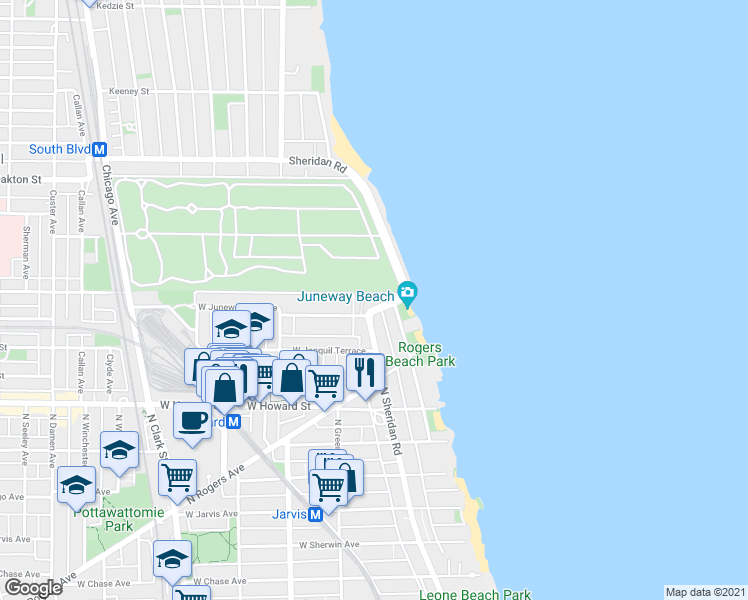 map of restaurants, bars, coffee shops, grocery stores, and more near 7758 North Eastlake Terrace in Chicago