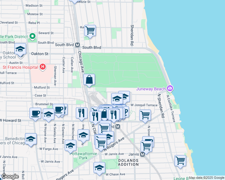map of restaurants, bars, coffee shops, grocery stores, and more near 1709 West Juneway Terrace in Chicago