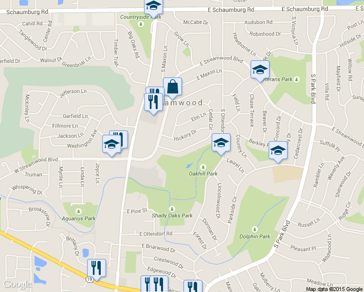 map of restaurants, bars, coffee shops, grocery stores, and more near 120 Cedar Circle in Streamwood