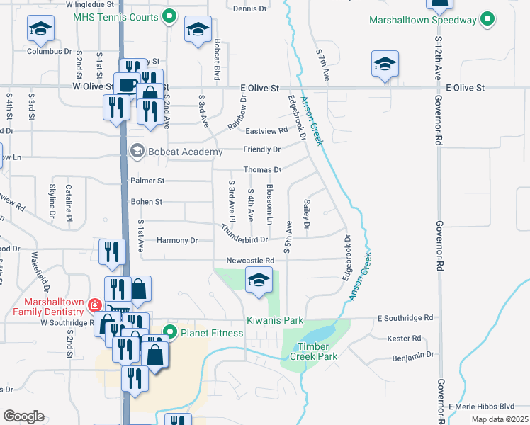 map of restaurants, bars, coffee shops, grocery stores, and more near 1901-2051 Blossom Ln in Marshalltown