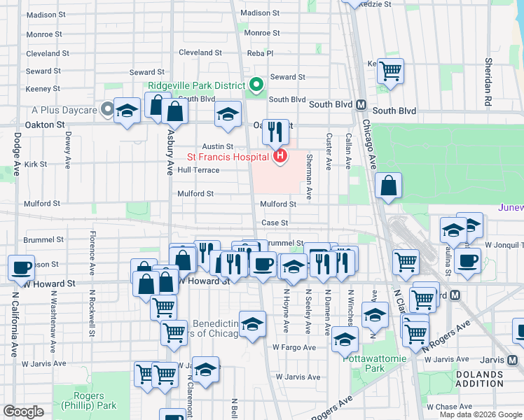 map of restaurants, bars, coffee shops, grocery stores, and more near 245 Ridge Avenue in Evanston