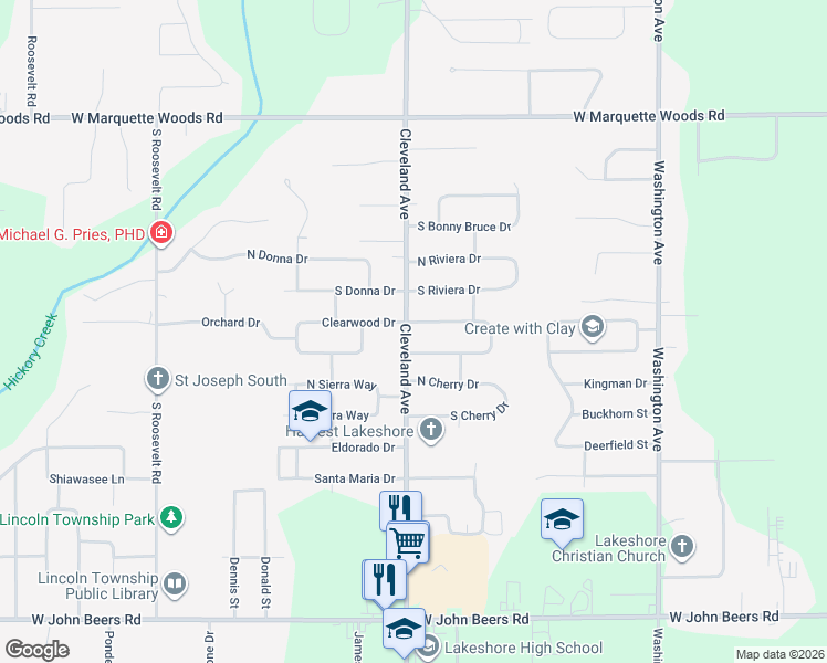 map of restaurants, bars, coffee shops, grocery stores, and more near 5255 Cleveland Avenue in Stevensville