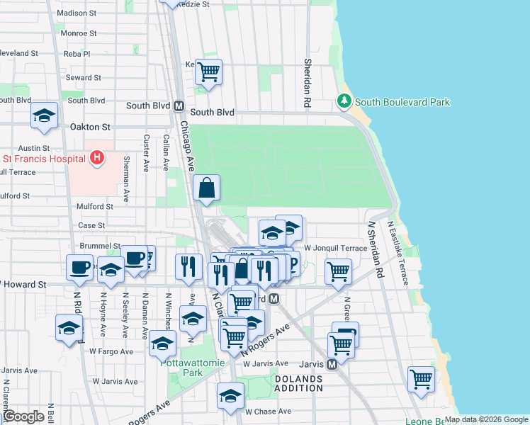 map of restaurants, bars, coffee shops, grocery stores, and more near 1700 West Juneway Terrace in Chicago