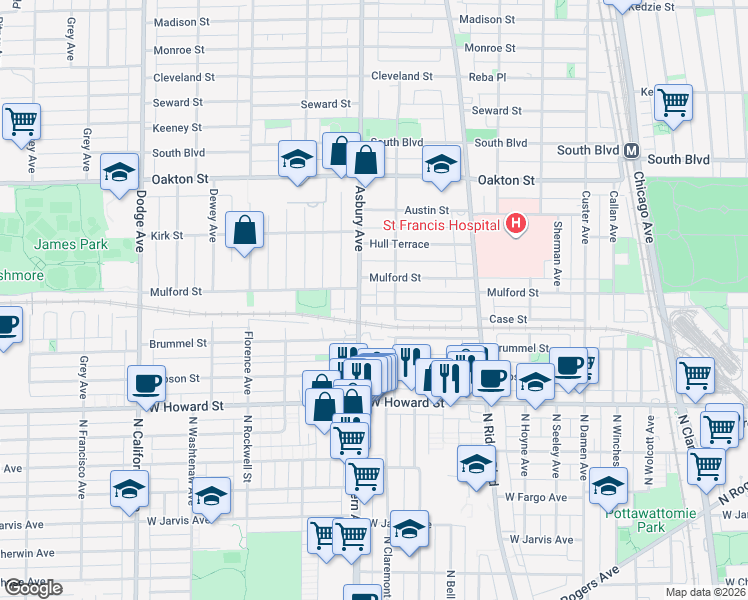 map of restaurants, bars, coffee shops, grocery stores, and more near 1217 Harvard Terrace in Evanston