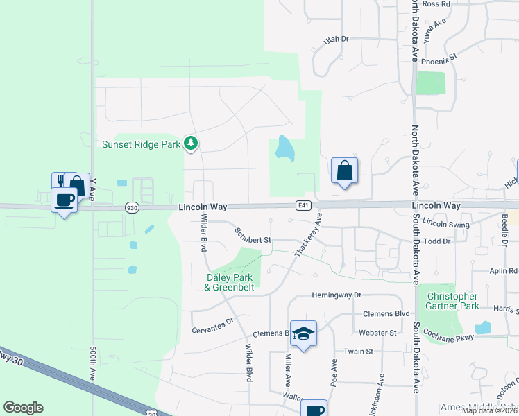 map of restaurants, bars, coffee shops, grocery stores, and more near 107 Sandburg Court in Ames