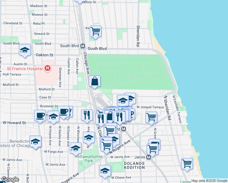 map of restaurants, bars, coffee shops, grocery stores, and more near 1722 West Juneway Terrace in Chicago