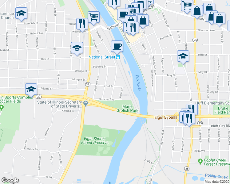 map of restaurants, bars, coffee shops, grocery stores, and more near 515 Hendee Street in Elgin