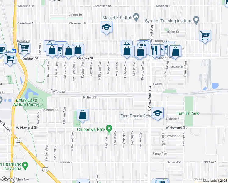 map of restaurants, bars, coffee shops, grocery stores, and more near 7800 Keeler Avenue in Skokie