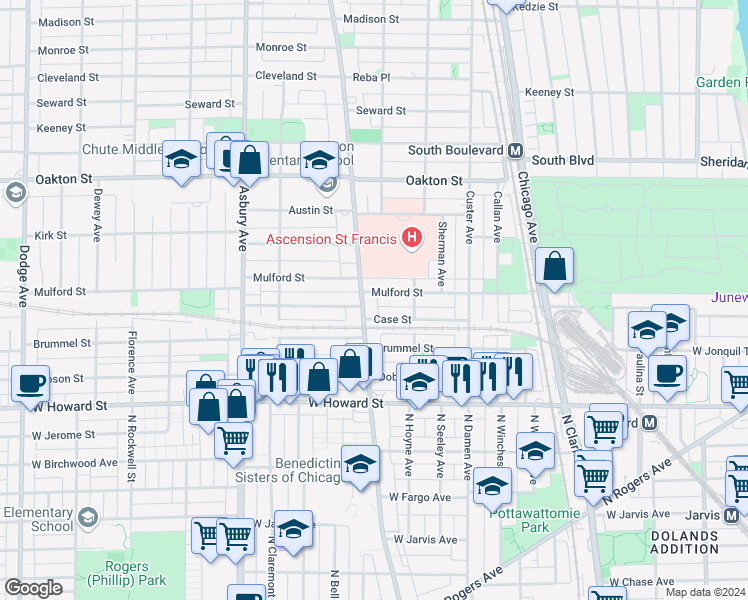 map of restaurants, bars, coffee shops, grocery stores, and more near 249 Ridge Avenue in Evanston