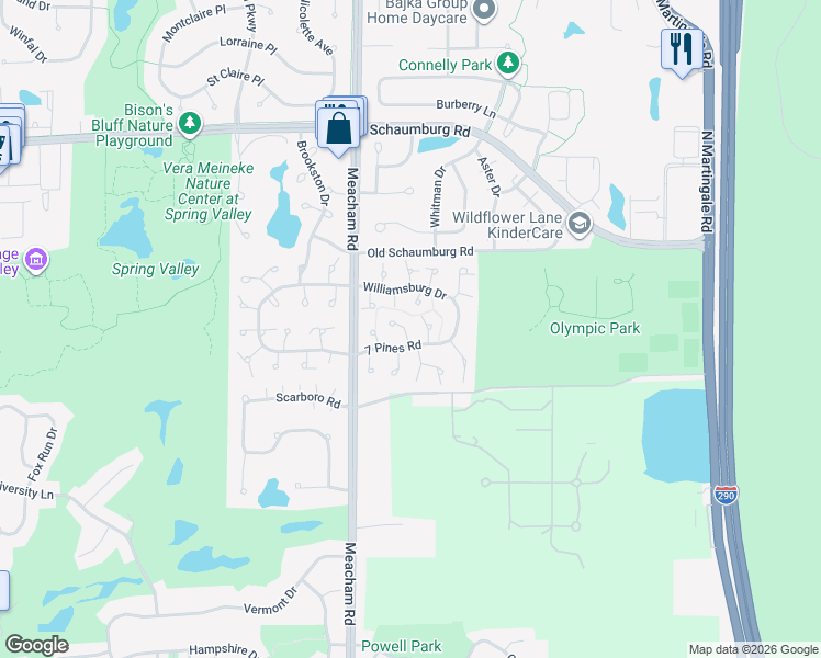 map of restaurants, bars, coffee shops, grocery stores, and more near 321 Maplewood Court in Schaumburg