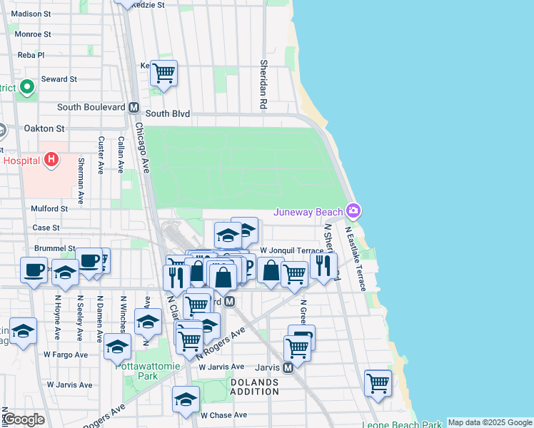 map of restaurants, bars, coffee shops, grocery stores, and more near 7726 North Ashland Avenue in Chicago