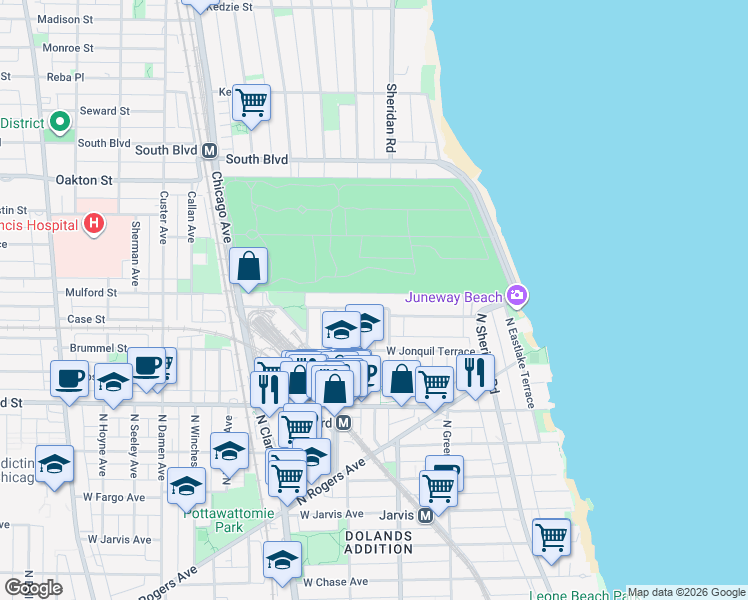 map of restaurants, bars, coffee shops, grocery stores, and more near 1622 West Juneway Terrace in Chicago