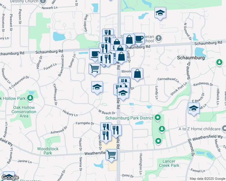 map of restaurants, bars, coffee shops, grocery stores, and more near 220 South Roselle Road in Schaumburg