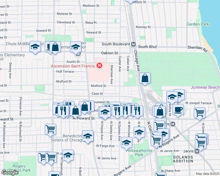 map of restaurants, bars, coffee shops, grocery stores, and more near 229 Elmwood Avenue in Evanston