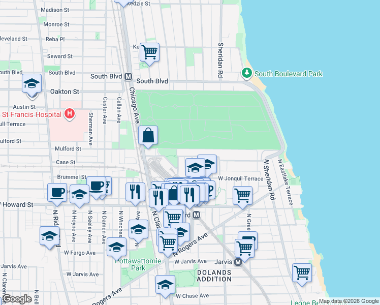 map of restaurants, bars, coffee shops, grocery stores, and more near 1700 West Juneway Terrace in Chicago