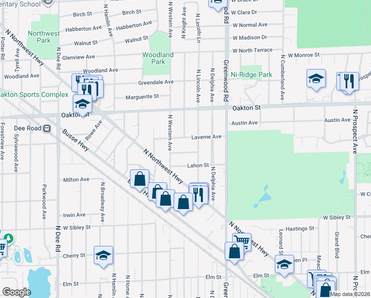 map of restaurants, bars, coffee shops, grocery stores, and more near 1421 Cynthia Avenue in Park Ridge