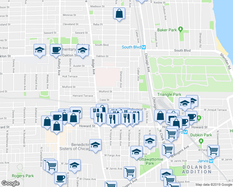 map of restaurants, bars, coffee shops, grocery stores, and more near 734 Mulford Street in Evanston