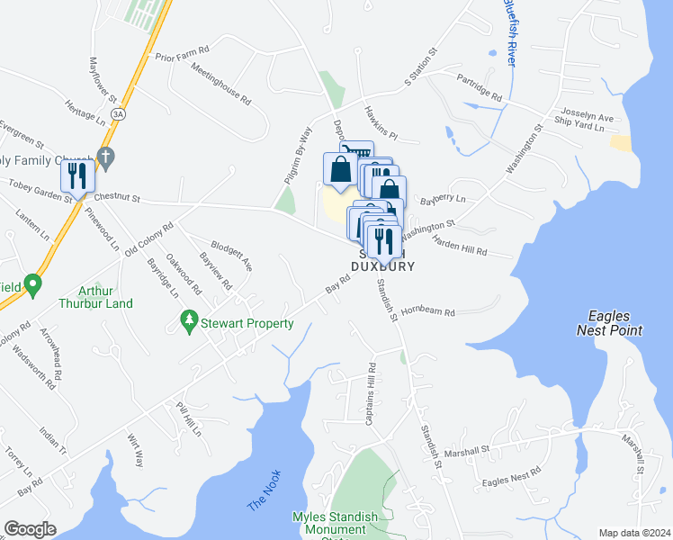 map of restaurants, bars, coffee shops, grocery stores, and more near 25 Bay Avenue in Duxbury