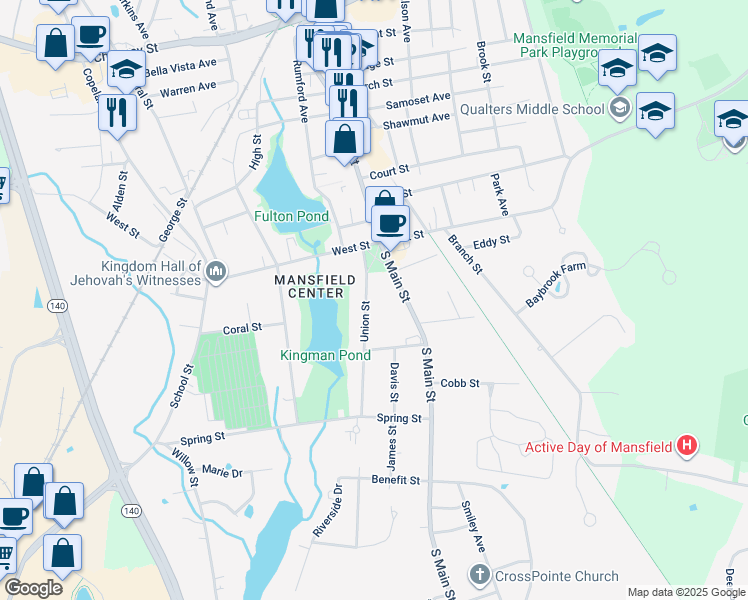 map of restaurants, bars, coffee shops, grocery stores, and more near 54 Union Street in Mansfield