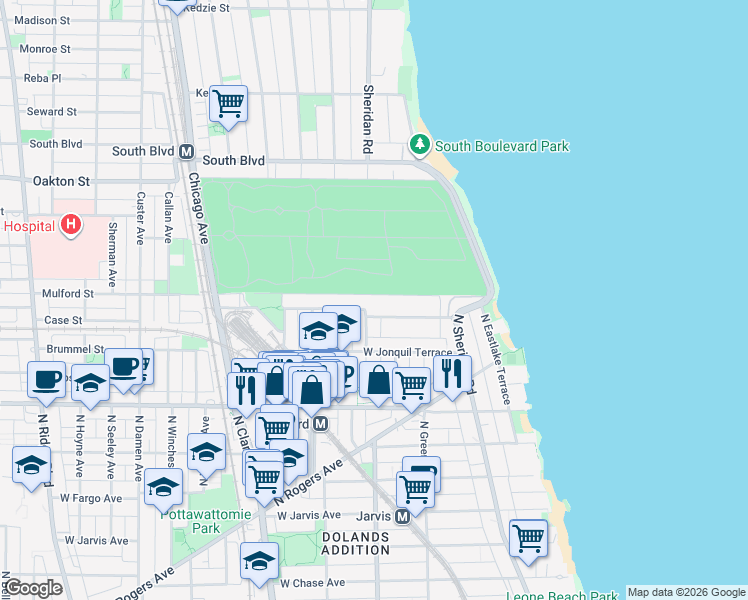 map of restaurants, bars, coffee shops, grocery stores, and more near 7726 North Ashland Avenue in Chicago