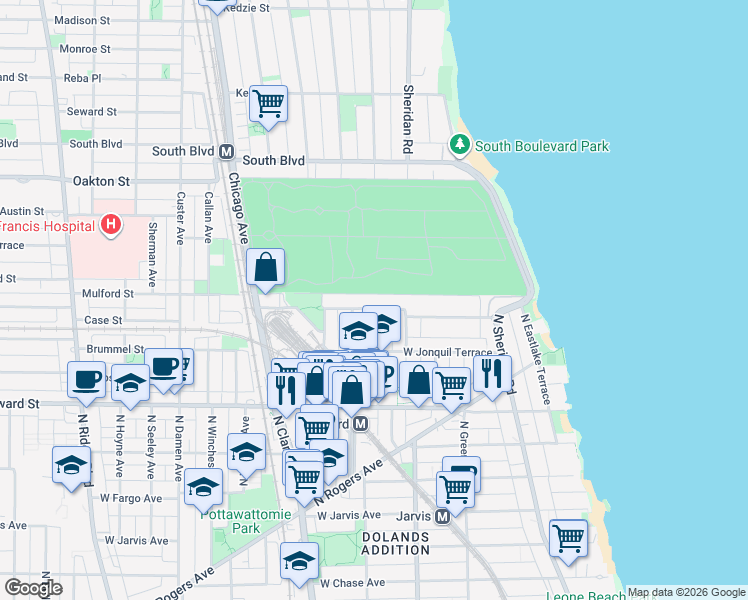map of restaurants, bars, coffee shops, grocery stores, and more near 7740 North Marshfield Avenue in Chicago