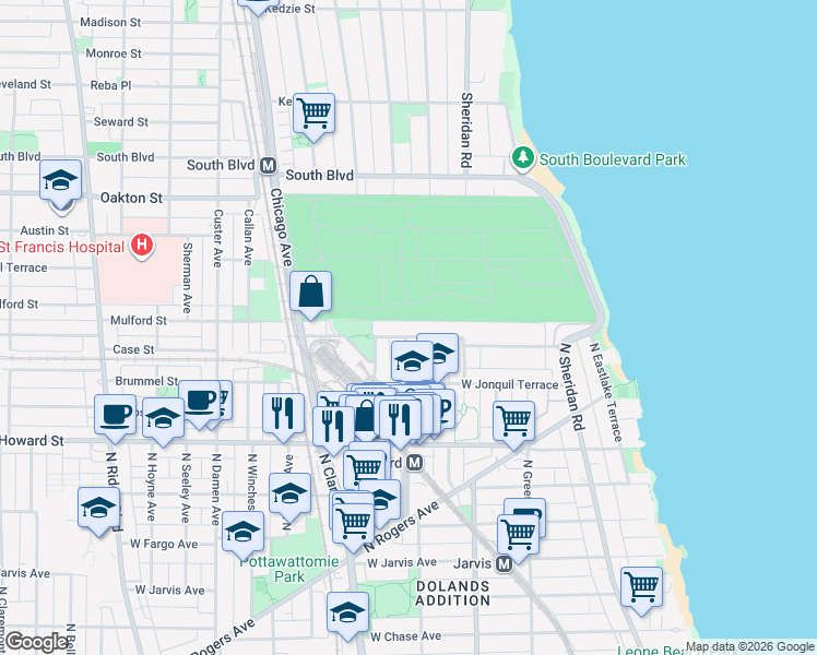 map of restaurants, bars, coffee shops, grocery stores, and more near 1709 West Juneway Terrace in Chicago