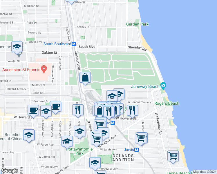 map of restaurants, bars, coffee shops, grocery stores, and more near 1709 West Juneway Terrace in Chicago