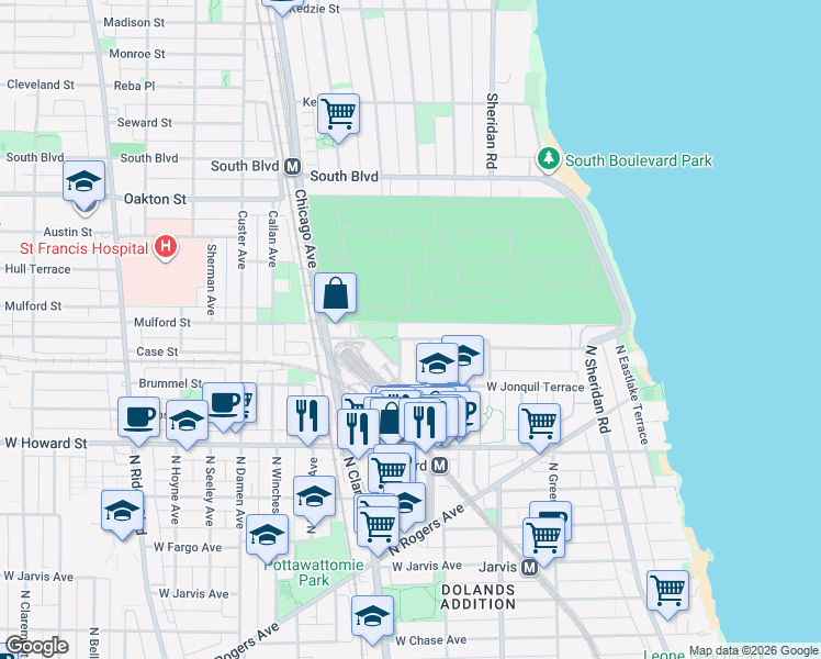 map of restaurants, bars, coffee shops, grocery stores, and more near 1709 West Juneway Terrace in Chicago