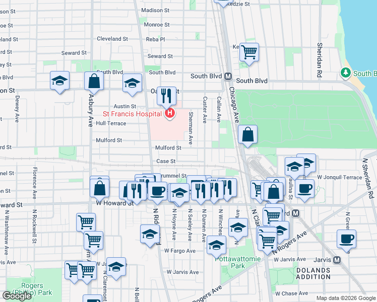 map of restaurants, bars, coffee shops, grocery stores, and more near 229 Elmwood Avenue in Evanston